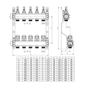 Комплект коллектора с расходомерами ITAL UHW-B07, нержавеющая сталь, подкл. угловое №3