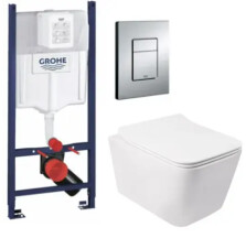 Комплект 5в1: Інсталяція Grohe Rapid + Безобідковий підвісний унітаз Crow + клавіша хром