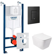 Комплект 5в1: Інсталяція Grohe Rapid + Безобідковий підвісний унітаз Crow + клавіша чорна матова