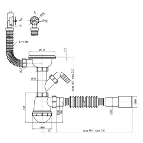 Сифон для кухонної мийки Kroner KRP - KS02R-1 3 1/2"х40/50 з відводом для пральної машини, з круглим переливом №2