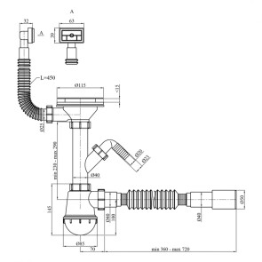 Сифон для кухонної мийки Kroner KRP - KS02-1 3 1/2"х40/50 з відводом для пральної машини, з квадратним переливом №2