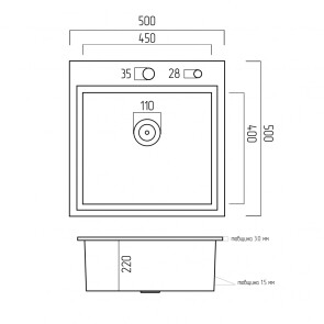 Кухонная мойка PLATINUM HANDMADE PVD Медь 500X500X220 (Толщина 3,0/1,5 мм, корзина и дозатор в комплекте) №3