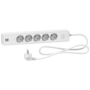 Подовжувач на 5 розеток + 2хUSB 2.4А, кабель 1,5 метри, білий, Schneider Electric ST945U1W №1